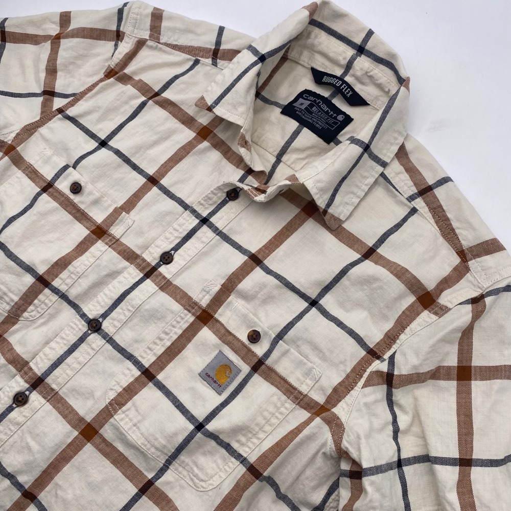 Carhartt Rugged Flex Relaxed Fit Plaid Shirt Mens Medium Cream Brown Workwear